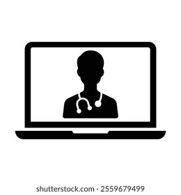 Tele-medicine or tele-health black and white flat vector icon design