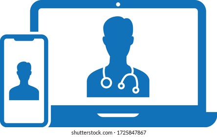 Telemedicine And Telehealth Icon, Doctor And Patient Video Call Icon, Laptop And Mobile Icon  