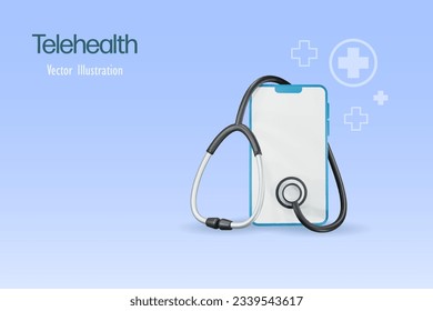 Telemedicine, telehealth, online doctor. Stethoscope on smartphone with blank screen. 3D vector.