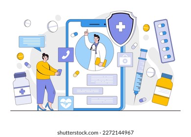 Telemedicine, telehealth services, medical online consultation concept with doctor on mobile phone screen. Outline design style minimal vector illustration for landing page, web banner, hero images.