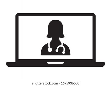 Telemedicine or telehealth virtual visit / video visit with female doctor on laptop computer flat vector icon for healthcare apps and websites