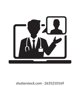 Telemedicine or telehealth virtual visit video visit with male doctor on laptop computer flat vector icon for healthcare apps and websites. Vector black silhouette. with white background
