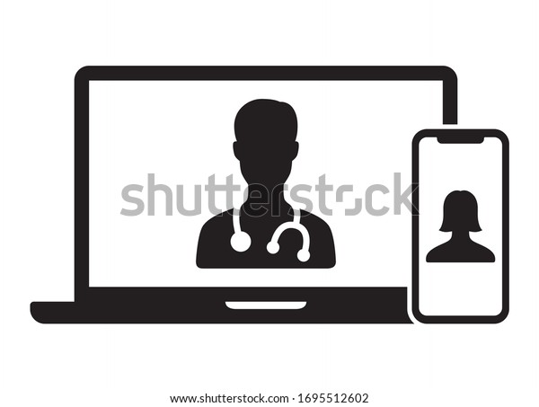 Telemedicine or\
telehealth virtual visit / video visit between doctor and patient\
on laptop computer and mobile phone device flat vector icon for\
healthcare apps and\
websites