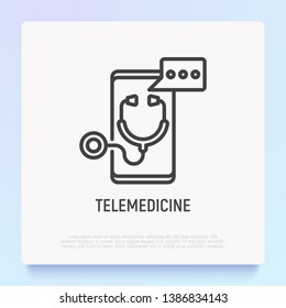 Telemedicine thin line icon: stethoscope with speech bubble on screen of smartphone. Modern vector illustration of online medical consultant.