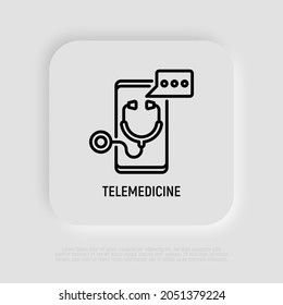 Telemedicine thin line icon, stethoscope with speech bubble on screen of smartphone. Modern vector illustration of online medical consultant.