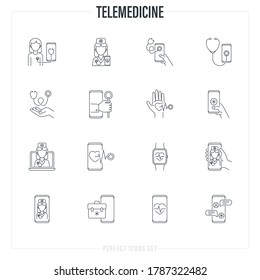 Telemedicine thin line icons set. Online consultation, non-contact diagnostics, medical mobile app, medical support, ask doctor, video call with therapist. Vector illustration.