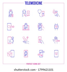 Telemedicine thin line icons set. Online consultation, non-contact diagnostics, medical mobile app, medical support, ask doctor, video call with therapist. Vector illustration.