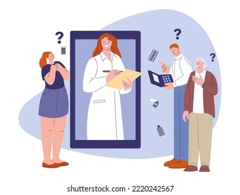 Telemedicine vector concept. Doctor on smartphone screen and patients with questions wait recipe and medications. Old woman and young man and girl