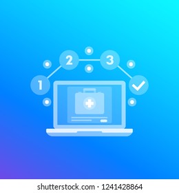 Telemedicine vector with first aid kit and laptop