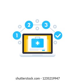Telemedicine vector icon with first aid kit and laptop
