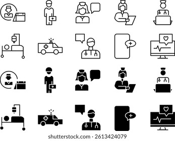 Telemedicine vector icon set depicting online doctor consultation, remote health monitoring, and digital healthcare services, isolated on white background.