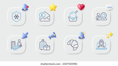Telemedicine, Video conference and Croissant line icons. Buttons with 3d bell, chat speech, cursor. Pack of Ice cream, Euro money, Baggage icon. Money profit, Clean skin pictogram. Vector