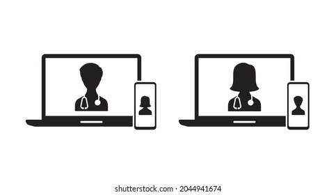 Telemedicine Virtual Communication Doctor And Patient On Laptop And Smartphone Device Vector Icon For Apps And Websites