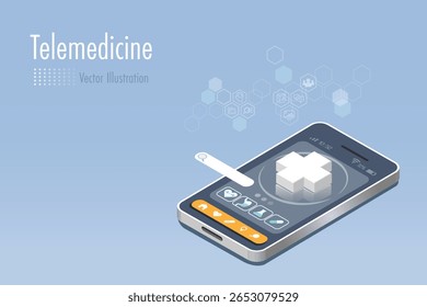 Telemedicina, médico virtual, tecnologia de inovação dos serviços médicos e de saúde. Aplicativo médico para pesquisa e diagnóstico de saúde do paciente no smartphone. Vetor isométrico 3D.