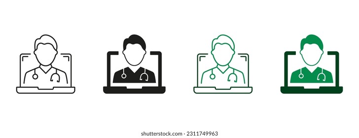 Telemedicine, Virtual Medicine Service Sign. Doctor in Computer, Online Medical Healthcare Pictogram Collection. Online Digital Medicine Line and Silhouette Icon Set. Isolated Vector Illustration.