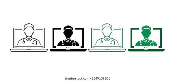 Telemedicine, Virtual Medicine Service Sign. Doctor in Computer, Online Medical Healthcare Pictogram Collection. Online Digital Medicine Line and Silhouette