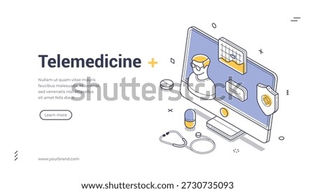 Telemedicine web banner. Isometric vector illustration template for online doctor consultation. Modern landing page with computer, stethoscope, and medical icons for a virtual healthcare service