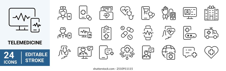 Telemedicine web line icon set. Digital healthcare. Remote health diagnosis. Editable stroke. Vector illustration