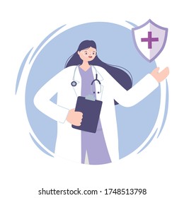telemedicine, young woman doctor in coat with a stethoscope and clipboard vector illustration