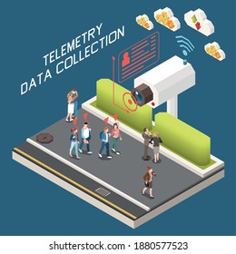 Telemetría concepto de color isométrico con cámara 3d y personajes humanos a lo largo de la ilustración vectorial 3d de la calle