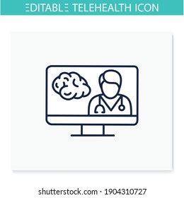 Teleneurology Line Icon. Telehealth Medical Care. Virtual Neurologist Consultation. Telemedicine, Health Care Concept. Online Medicine, Neuroscience. Isolated Vector Illustration. Editable Stroke 