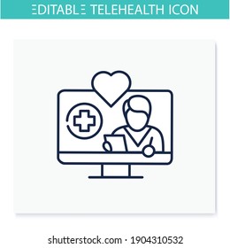 Telenursing Line Icon. Telehealth Medical Care. Virtual Nurse Assistance, Consultation. Telemedicine, Health Care Concept. Online Medical Examinations. Isolated Vector Illustration. Editable Stroke 