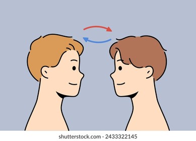 Telepathic exchange between two men, for concept of mind reading at distance and mental synchronization. Guys with telepathic skills thanks to supernatural abilities look at each other