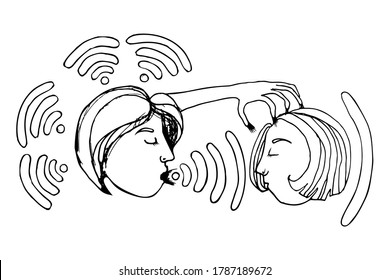 Telepathic waves. Human hypnosis. Supernatural mental abilities. Mind reading, thought transfer, control,  mental connection for telepathy.  Spells, magic. Hand drawn vector.