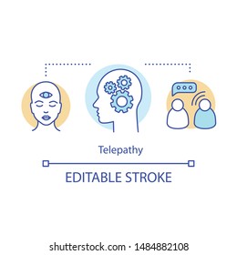 Telepathy concept icon. Mind reading, thought transference idea thin line illustration. Psychic abilities. Third eye and head with gears, communication vector isolated outline drawing. Editable stroke