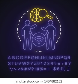 Telepathy neon light concept icon. Mind reading, thought transference idea. Glowing sign with alphabet, numbers and symbols. Brain with magnifying glass and people vector isolated illustration