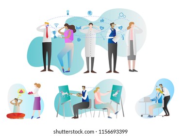 Telepathy vector illustration collection. People group with examples of brain paranormal activity. Communication with thoughts. Genius person mind reading or prediction. Magical and mysterious power.