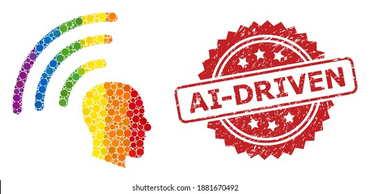 Telepathy waves mosaic icon of filled circle spots in different sizes and LGBT color tints, and Ai-Driven dirty rosette seal print. A dotted LGBT-colored Telepathy waves for lesbians, gays,