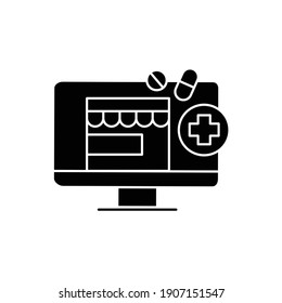 Telepharmacy glyth icon. Online drugstore, apothecary website or application. Telehealth medical care, telemedicine concept. Virtual pharmacist consultation. Isolated silhouette vector illustration