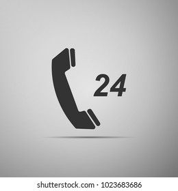 Telephone 24 hours support icon isolated on grey background. All-day customer support call-center. Flat design. Vector Illustration