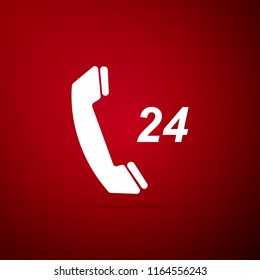 Telephone 24 hours support icon isolated on red background. All-day customer support call-center. Flat design. Vector Illustration