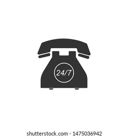 Telephone 24 hours support icon isolated. All-day customer support call-center. Full service 24 hour. Open 24 hours a day and 7 days a week. Vector Illustration