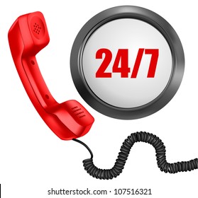 Telephone and 24/7 button. 24 hours in day, 7 days in week support concept. Vector illustration.