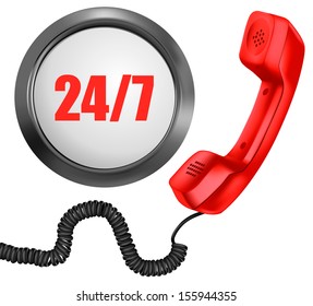 Telephone and 24/7 button. 24 hours in day, 7 days in week support concept. Vector