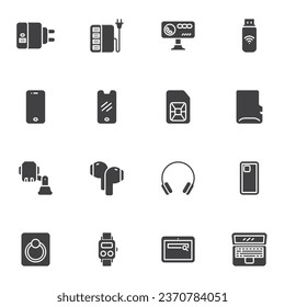 Telefonisches Zubehör Vektorsymbole Set, moderne Solid-Symbol-Sammlung, gefülltes Piktogramm-Paket. Zeichen, Logo-Illustration. Set enthält Symbole wie Smartphone-Ladegerät, Silikon-Gehäuse, Siebglas
