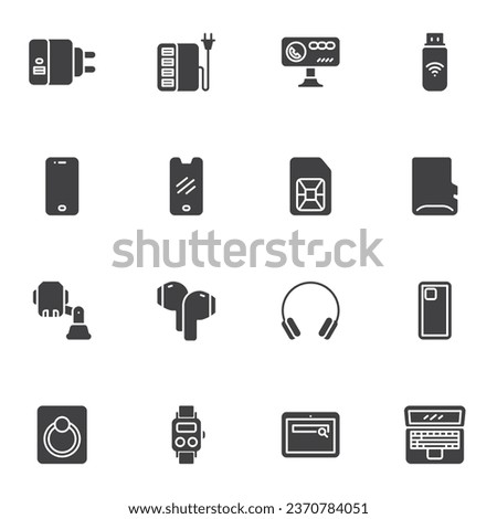 Telephone accessories vector icons set, modern solid symbol collection, filled style pictogram pack. Signs, logo illustration. Set includes icons as smartphone charger, silicone case, screen glass