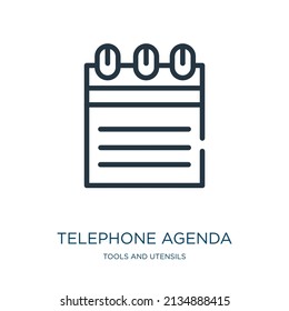 telephone agenda thin line icon. calendar, telephone linear icons from tools and utensils concept isolated outline sign. Vector illustration symbol element for web design and apps.