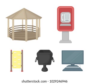 Telephone automatic, gazebo, garbage can, wall for children. Park set collection icons in cartoon style vector symbol stock illustration web.