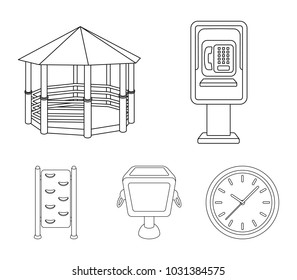 Telephone automatic, gazebo, garbage can, wall for children. Park set collection icons in outline style vector symbol stock illustration web.