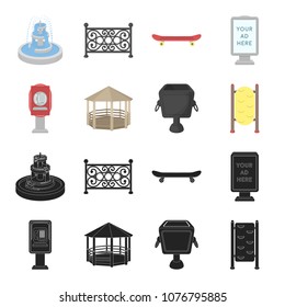 Telephone automatic, gazebo, garbage can, wall for children. Park set collection icons in black,cartoon style vector symbol stock illustration web.