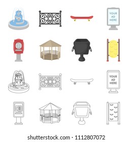 Telephone automatic, gazebo, garbage can, wall for children. Park set collection icons in cartoon,outline style vector symbol stock illustration web.