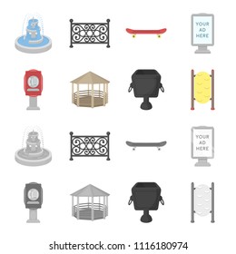 Telephone automatic, gazebo, garbage can, wall for children. Park set collection icons in cartoon,monochrome style vector symbol stock illustration web.