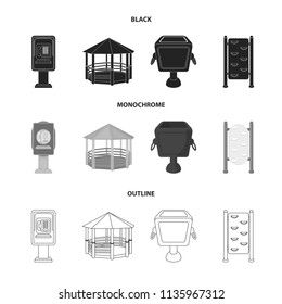 Telephone automatic, gazebo, garbage can, wall for children. Park set collection icons in black,monochrome,outline style vector symbol stock illustration web.