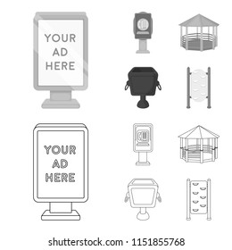 Telephone automatic, gazebo, garbage can, wall for children. Park set collection icons in outline,monochrome style vector symbol stock illustration web.