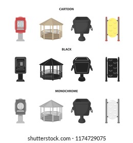Telephone automatic, gazebo, garbage can, wall for children. Park set collection icons in cartoon,black,monochrome style vector symbol stock illustration web.