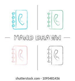 Telephone book hand drawn icons set. Phone contacts. Notepad with handset. Color brush stroke. Isolated vector sketchy illustrations